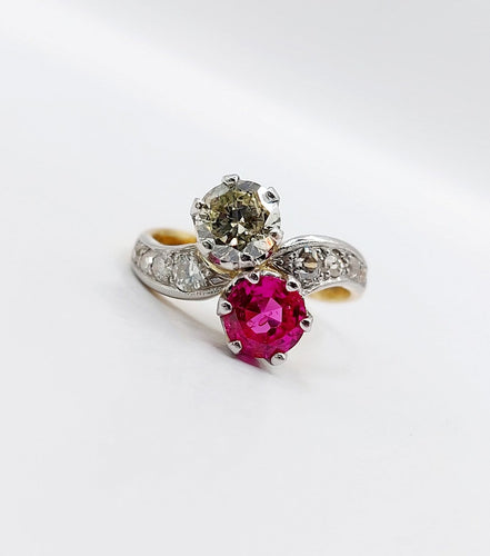 50 Bague toi et moi en or 18k, platine, diamant et rubis 58 Facettes A07775
