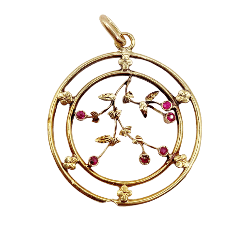 Pendentif Art nouveau en or 18k et rubis synthétiques 58 Facettes A07776
