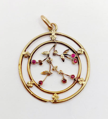 Pendentif Art nouveau en or 18k et rubis synthétiques 58 Facettes A07776