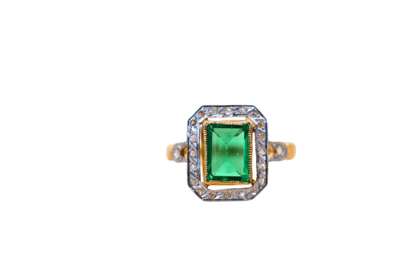Bague octogonale 2 Ors Diamants pierre verte