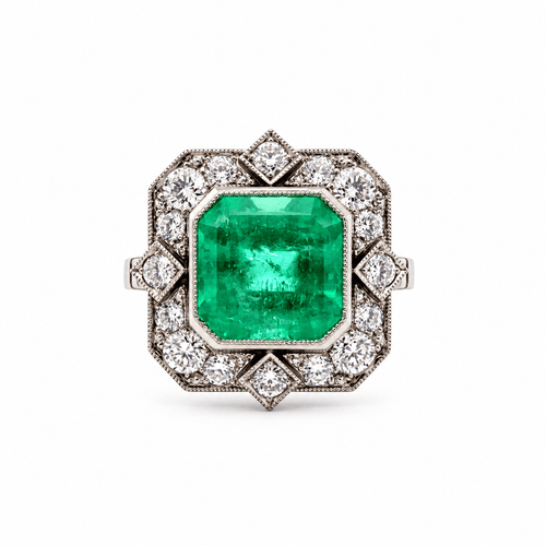 56 Bague cocktail en platine avec émeraude certifiée et diamants 58 Facettes 50515