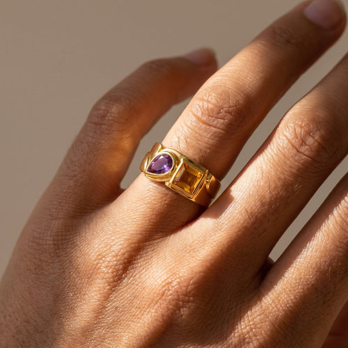 52 Cadeaux - Bague en or jaune, citrine et améthyste 58 Facettes HJ062650