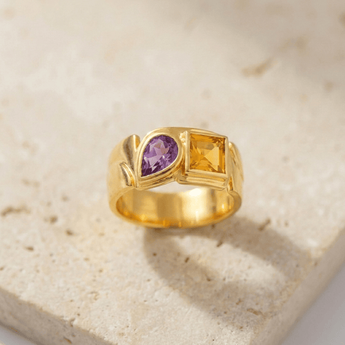 52 Cadeaux - Bague en or jaune, citrine et améthyste 58 Facettes HJ062650