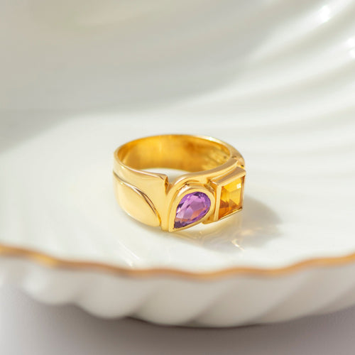 52 Cadeaux - Bague en or jaune, citrine et améthyste 58 Facettes HJ062650