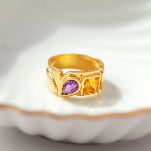 52 Cadeaux - Bague en or jaune, citrine et améthyste 58 Facettes HJ062650