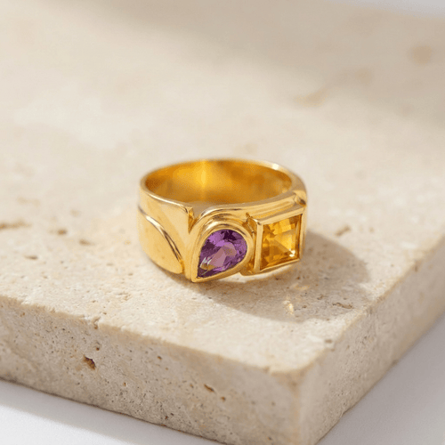 52 Cadeaux - Bague en or jaune, citrine et améthyste 58 Facettes HJ062650