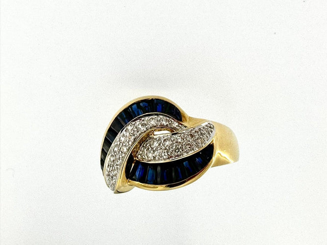 59.5 Bague cocktail italienne en or jaune 18 carats, diamants et saphirs 58 Facettes A1927D