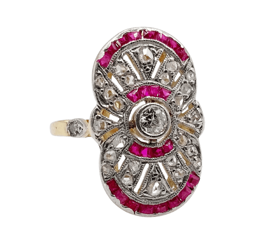 47 Bague marquise Art déco en or 18K, platine, diamants et rubis 58 Facettes A07788
