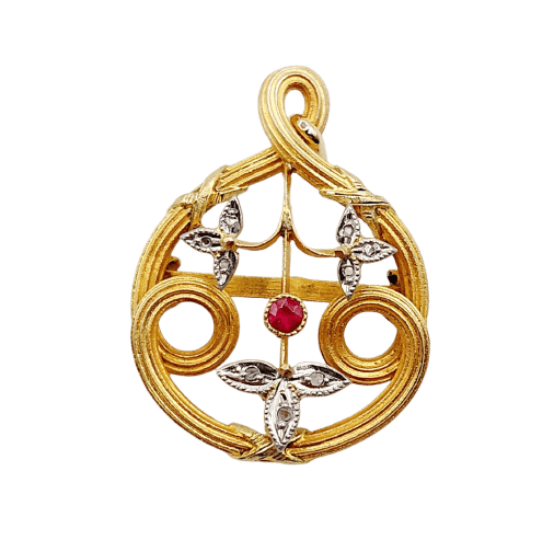 Pendentif Art nouveau - Pendentif fleur en or rose, pierre rouge et diamants 58 Facettes A07731