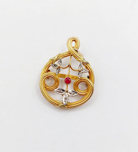 Pendentif Art nouveau - Pendentif fleur en or rose, pierre rouge et diamants 58 Facettes A07731