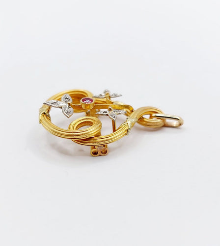 Pendentif Art nouveau - Pendentif fleur en or rose, pierre rouge et diamants 58 Facettes A07731