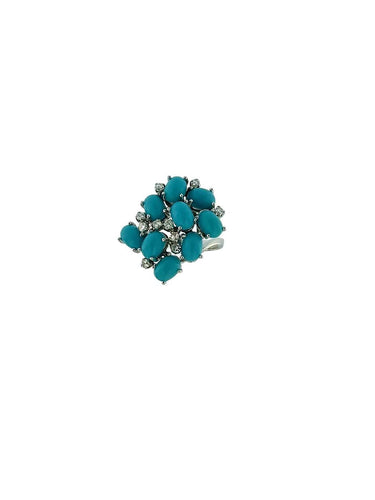 Bague 57 Bague cocktail française en or blanc, turquoise et diamants 58 Facettes A1997D
