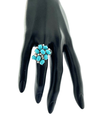 Bague 57 Bague cocktail française en or blanc, turquoise et diamants 58 Facettes A1997D