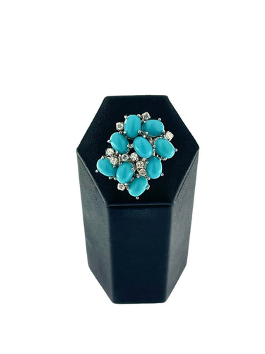 Bague 57 Bague cocktail française en or blanc, turquoise et diamants 58 Facettes A1997D