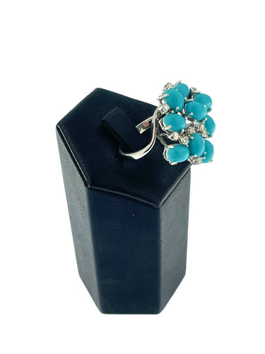 Bague 57 Bague cocktail française en or blanc, turquoise et diamants 58 Facettes A1997D