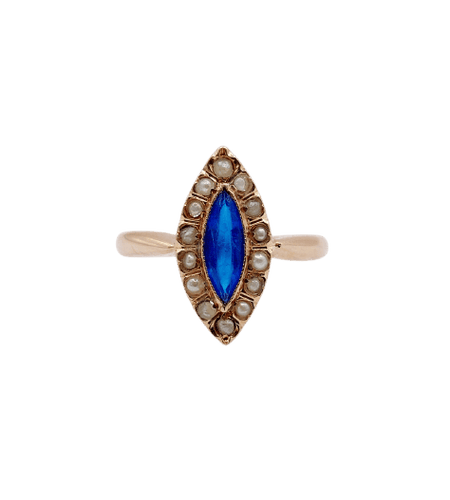 Bague 48.5 Bague marquise victorienne en or rose, pierre bleue et perles 58 Facettes A07715