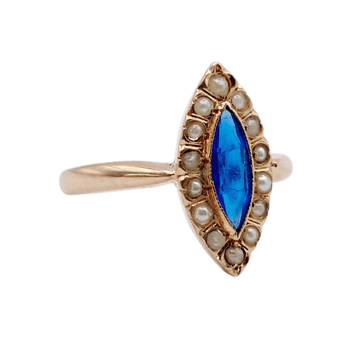 Bague 48.5 Bague marquise victorienne en or rose, pierre bleue et perles 58 Facettes A07715