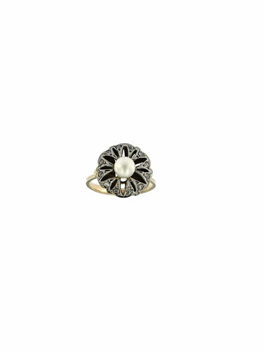 Bague 52 Bague Art déco italienne en platine et or avec perles et diamants 58 Facettes A2003D