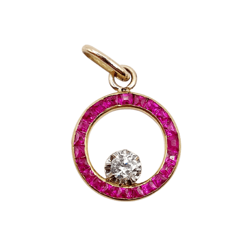Art déco - Pendentif cible en or 18k, platine, diamant et rubis synthétiques
