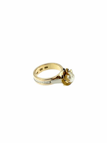 Bague 54 Bague solitaire rétro en or blanc et jaune avec perle 58 Facettes A2014D