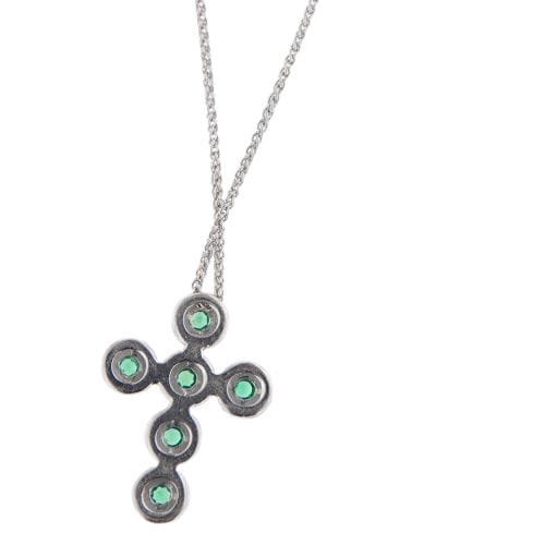 Collier Collier avec pendentif croix en or blanc 18 ct, diamants et émeraudes 58 Facettes 25439