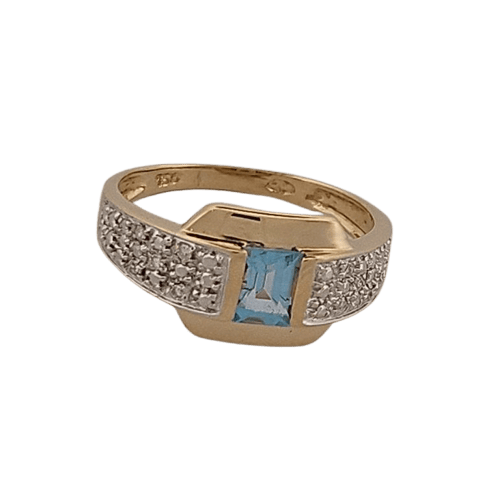 Bague en or jaune, topaze bleue et diamants