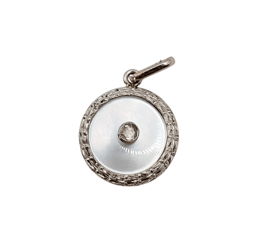 Art déco - Pendentif cible en or 18k, platine, diamant et nacre