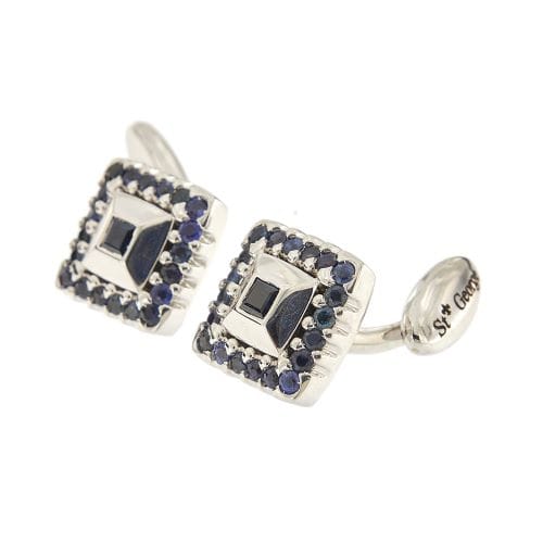 Boutons de manchette St George - Paire de boutons de manchette en or blanc 18 ct et saphirs 58 Facettes 36483