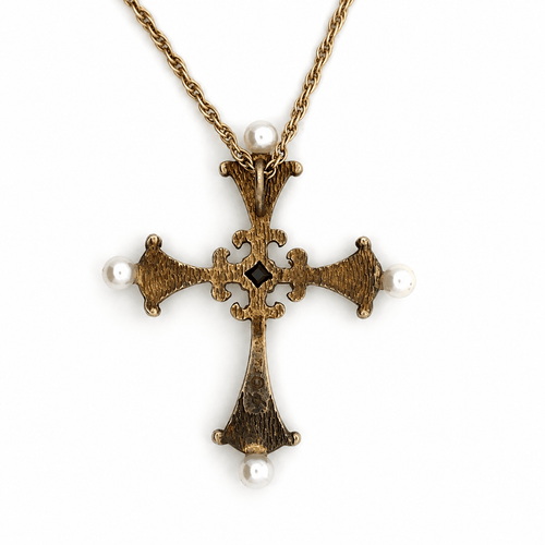 Collier Collier croix en or jaune, émail bleu, perles et diamants 58 Facettes 50516