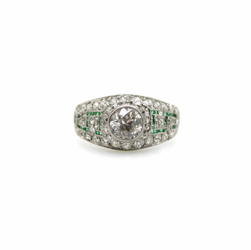 Bague 56 Art déco - Bague en platine, or blanc, diamants et émeraudes 58 Facettes 11225