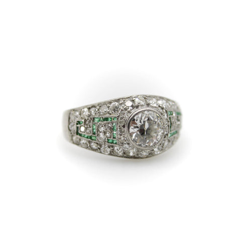 Bague 56 Art déco - Bague en platine, or blanc, diamants et émeraudes 58 Facettes 11225