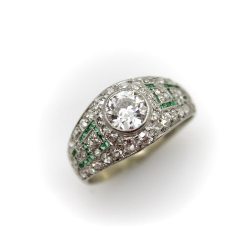 Bague 56 Art déco - Bague en platine, or blanc, diamants et émeraudes 58 Facettes 11225