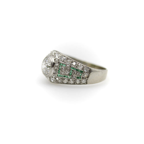 Bague 56 Art déco - Bague en platine, or blanc, diamants et émeraudes 58 Facettes 11225