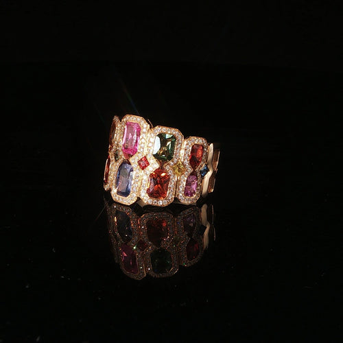 Bague Bague en or jaune 18 carats, saphirs multicolores 4,44 carats et diamants 58 Facettes UN-1668
