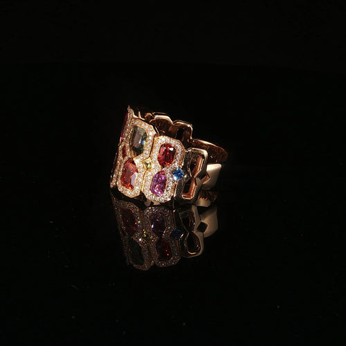 Bague Bague en or jaune 18 carats, saphirs multicolores 4,44 carats et diamants 58 Facettes UN-1668