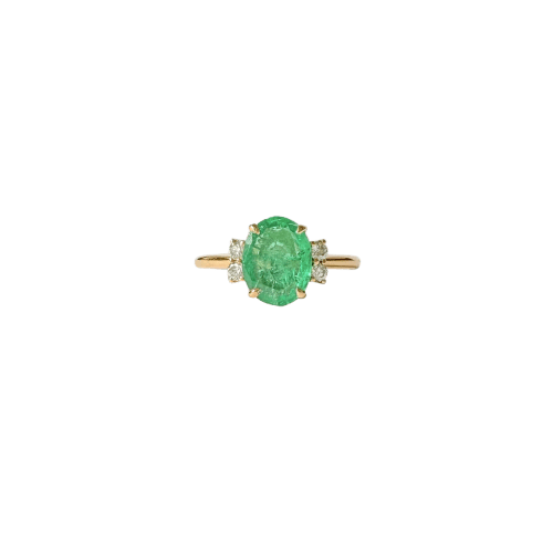 Bague solitaire en or jaune, émeraude et diamants