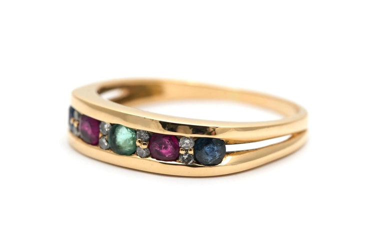 Bague 61 Bague contemporaine en or jaune avec émeraude, rubis, saphirs et diamants 58 Facettes B936