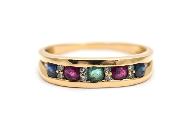 Bague 61 Bague contemporaine en or jaune avec émeraude, rubis, saphirs et diamants 58 Facettes B936