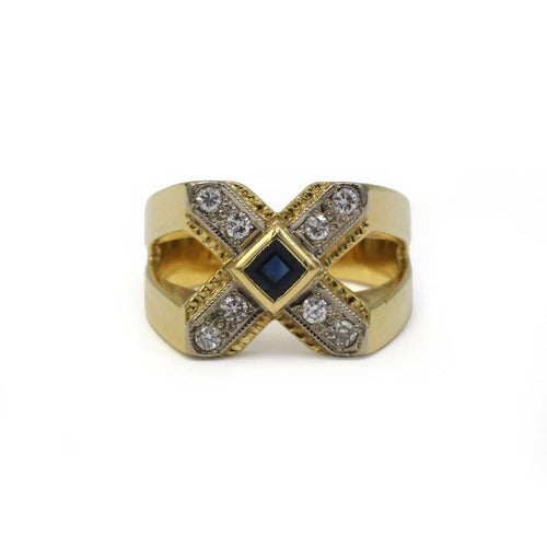 Bague 51.5 Bague chevalière en or jaune et blanc, diamants et saphir 58 Facettes 260126R