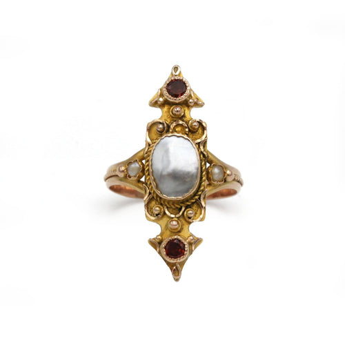 Bague 56 Bague marquise ancienne en or rose et jaune, nacre et grenats 58 Facettes 250357R