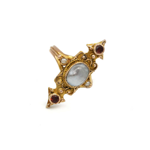 Bague 56 Bague marquise ancienne en or rose et jaune, nacre et grenats 58 Facettes 250357R