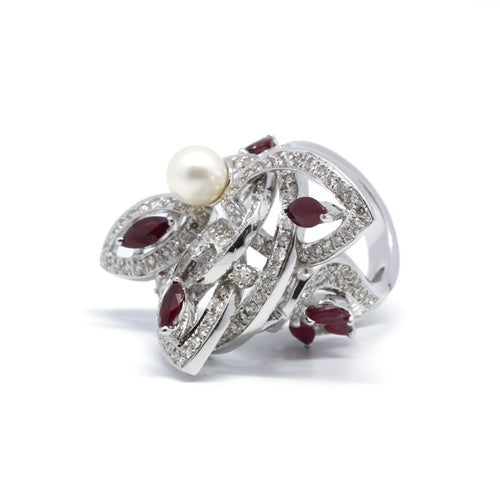 Bague 53 Bague en or blanc, diamants, rubis et perle 58 Facettes 230049SP