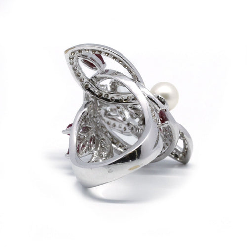 Bague 53 Bague en or blanc, diamants, rubis et perle 58 Facettes 230049SP