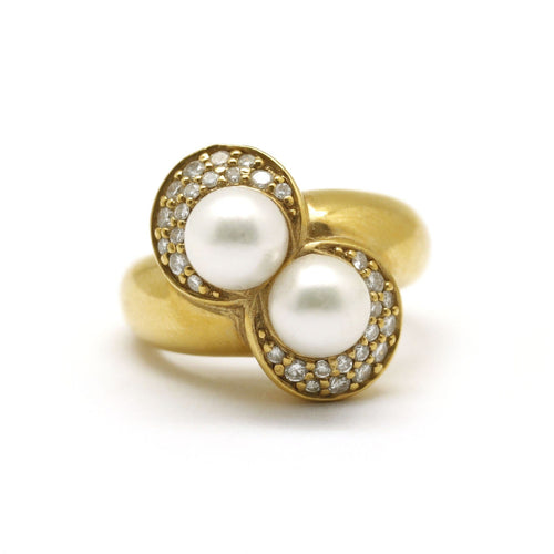 Bague 54 Toi et Moi - Bague en or jaune, perles et diamants 58 Facettes 130160R