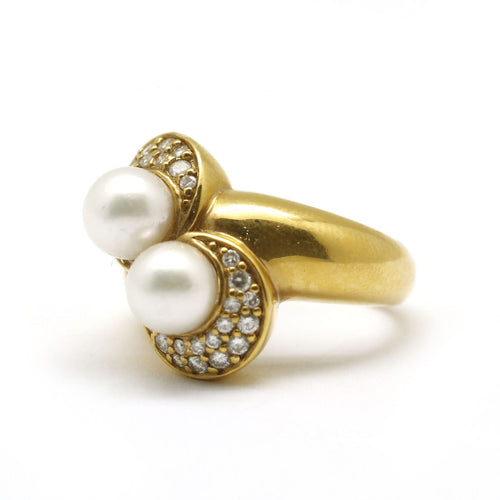Bague 54 Toi et Moi - Bague en or jaune, perles et diamants 58 Facettes 130160R