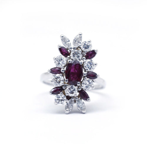 Bague 54 Marquise - Bague en or blanc, rubis et diamants 58 Facettes 230023SP