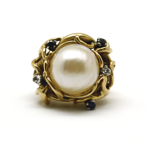 Bague 49 Bague en or jaune, perle, diamants et saphirs 58 Facettes 230022SP