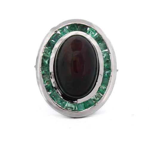 Bague 54 Bague ovale en platine avec opale cabochon et émeraudes 58 Facettes AN519 (00029)