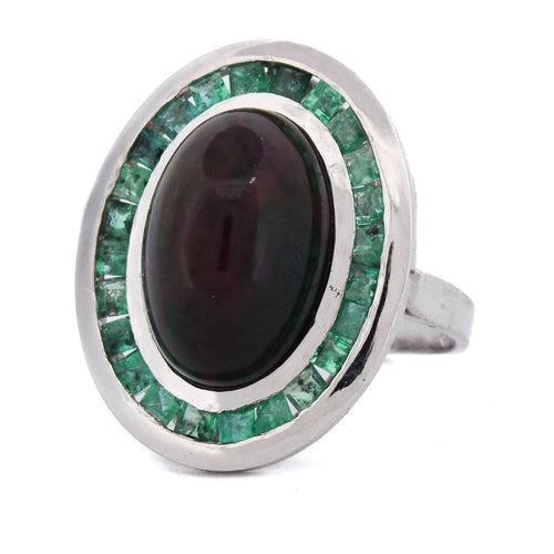 Bague 54 Bague ovale en platine avec opale cabochon et émeraudes 58 Facettes AN519 (00029)