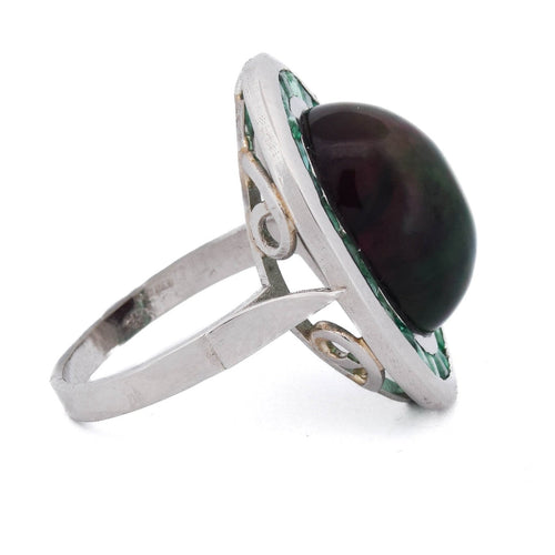Bague 54 Bague ovale en platine avec opale cabochon et émeraudes 58 Facettes AN519 (00029)